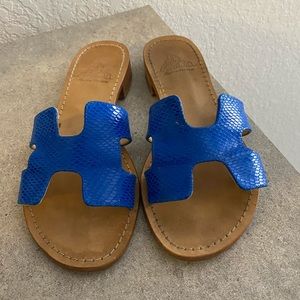 Blue genuine leather heeled sandal slip on